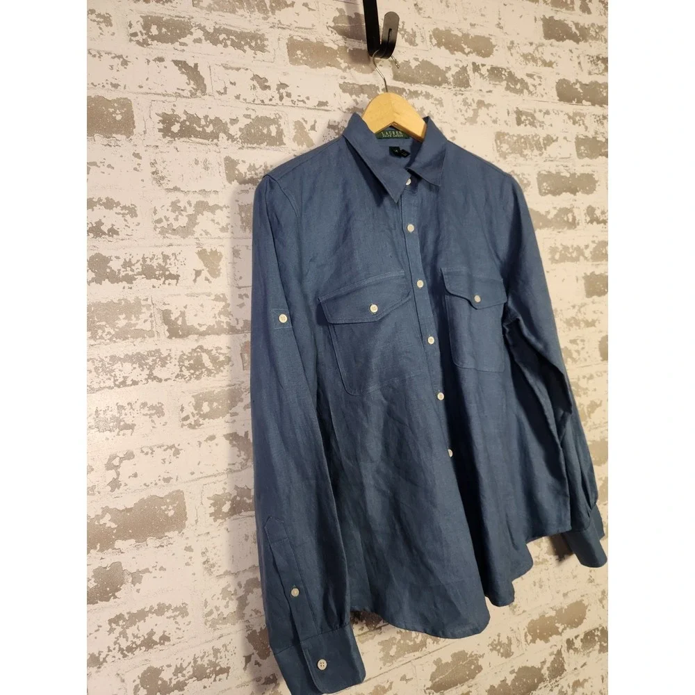 Ralph Lauren Shirt Womens Large Blue Linen Long Sleeve Button Up Beachy Coastal - Picture 2 of 15